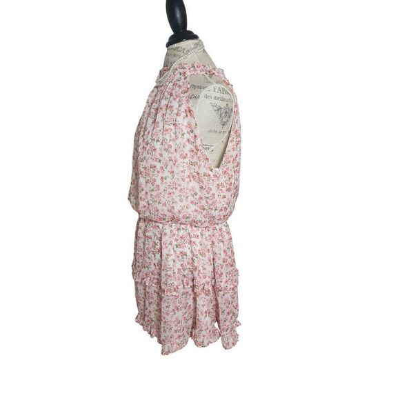 Womens Halter Sleeveless Mini Dress L Pink White Floral Ruffle Resort Fairycore - Picture 4 of 5